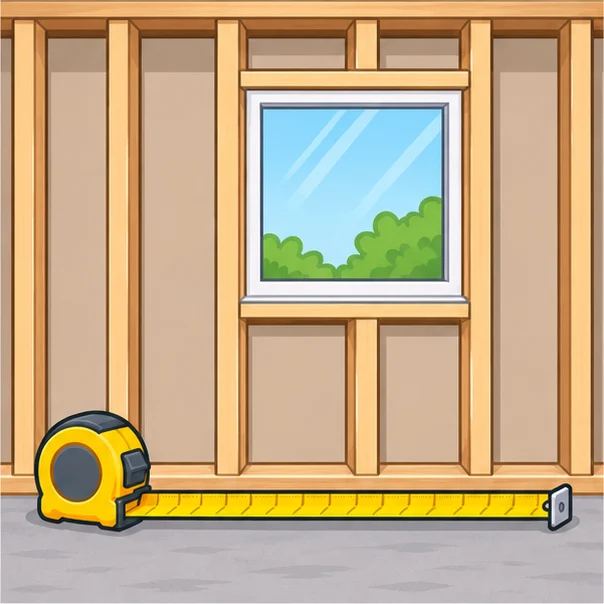 Tape measure along the bottom of an open stud wall with a window opening