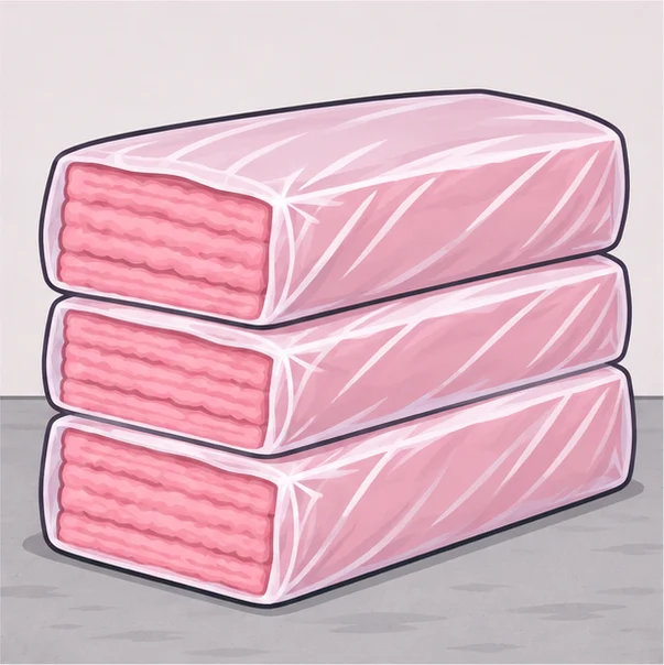 Stack of wrapped packages of pink fiberglass batts