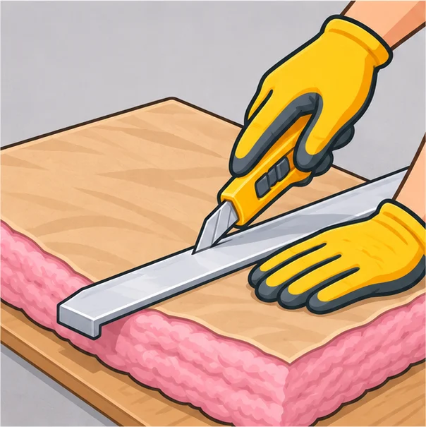 Utility knife cutting a fiberglass batt against a straightedge
