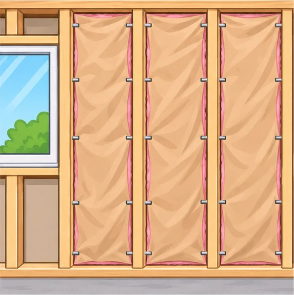 Kraft-faced batts fitted between wall studs and stapled to the studs