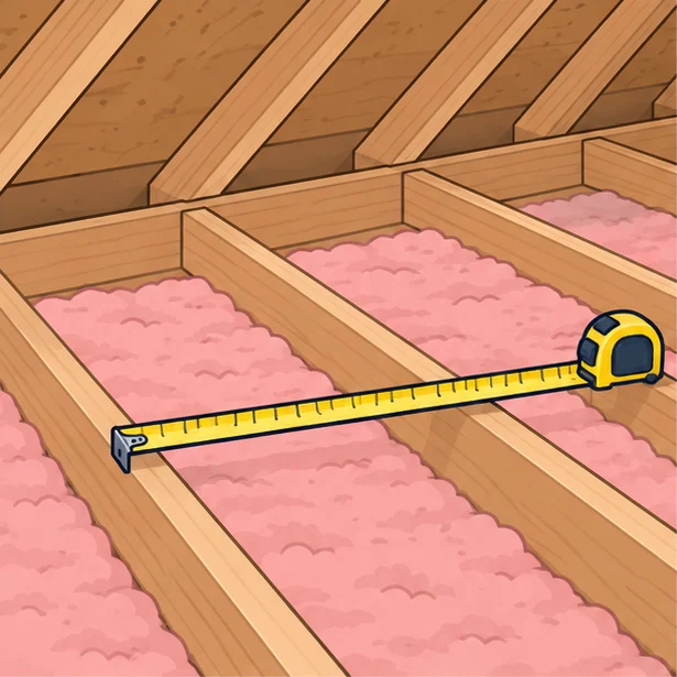 Tape measure across attic floor joists with old insulation between them