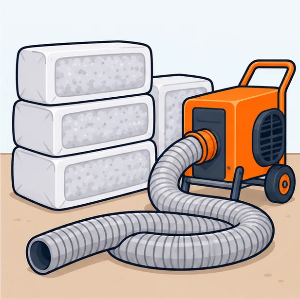 Bales of blown-in insulation stacked next to a blowing machine