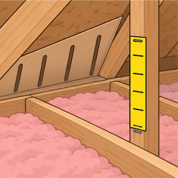 Cardboard baffle at the eaves and a depth ruler stapled to a joist