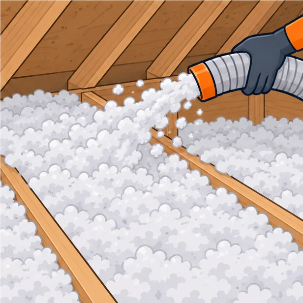 Hose blowing loose insulation evenly across an attic floor
