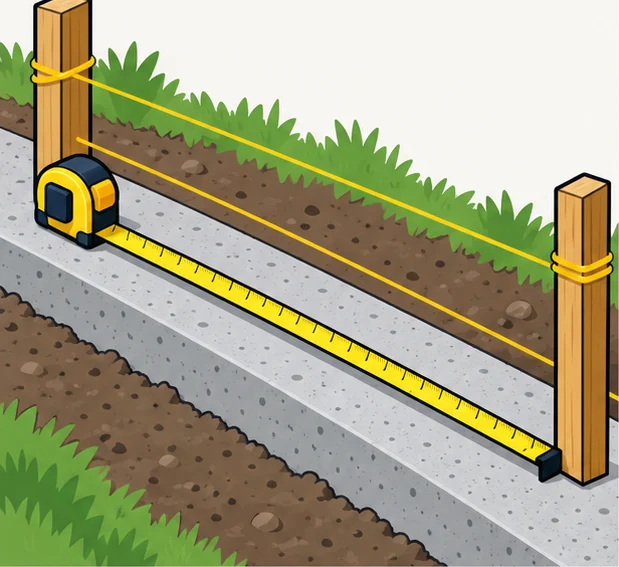 Tape measure along a concrete footing with string lines on stakes