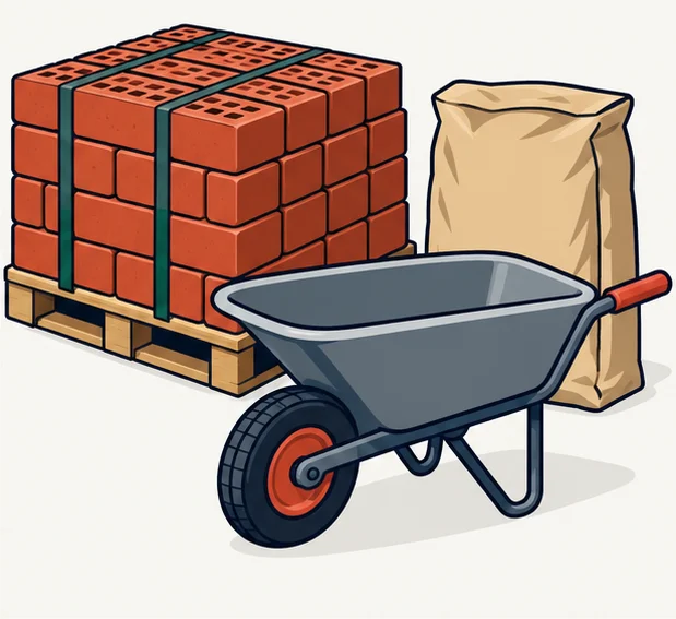 Pallet of red bricks with a bag of mortar mix and a wheelbarrow
