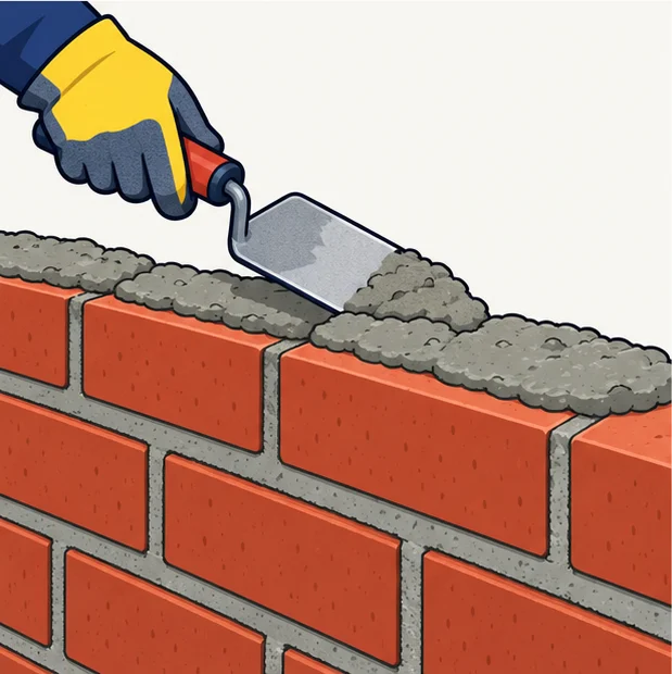 Mason trowel spreading mortar on a course of bricks
