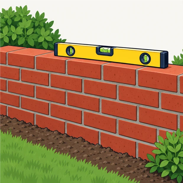 Finished low brick wall in running bond with a level on top