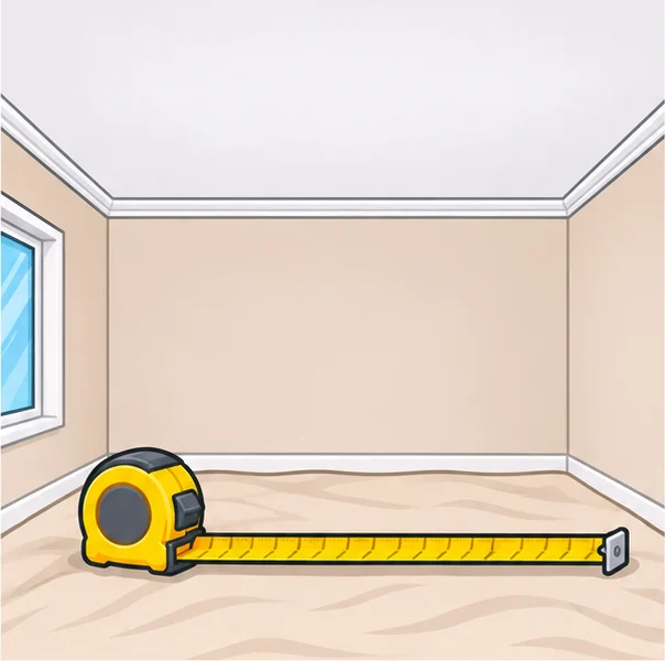 Tape measure across a room floor below a white ceiling