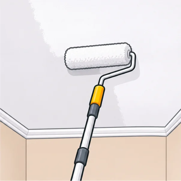Roller on an extension pole painting a ceiling