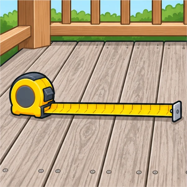 Tape measure across a wooden deck floor