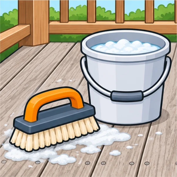 Deck boards being cleaned with a scrub brush and a bucket