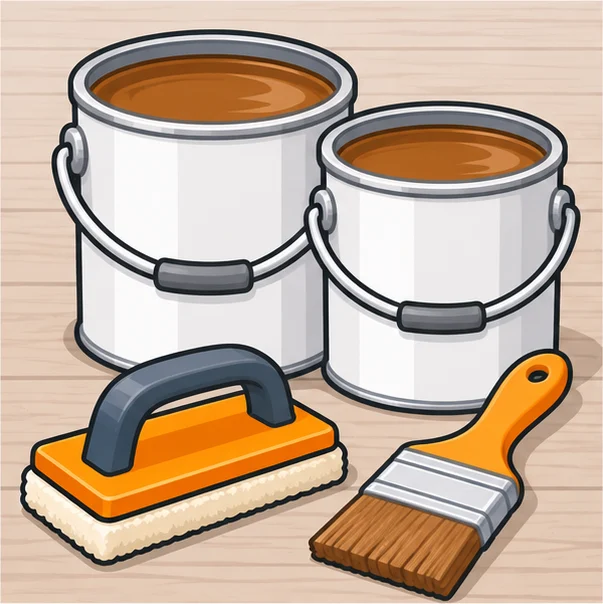 Gallon cans of deck stain with a stain pad and a brush