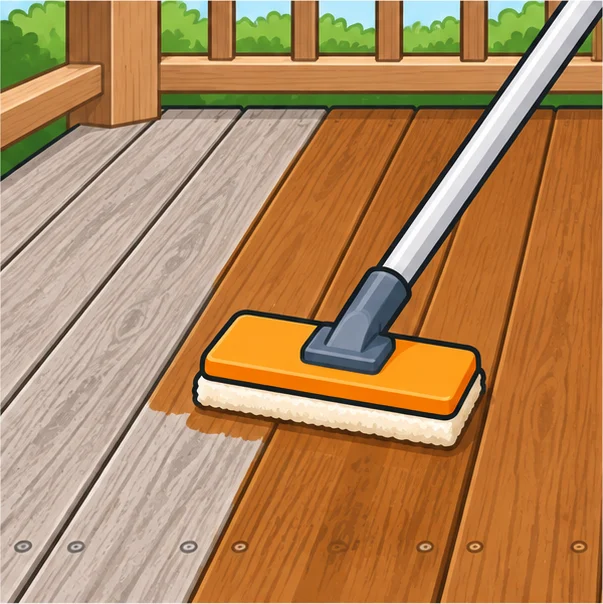 Stain pad on a pole spreading stain along deck boards