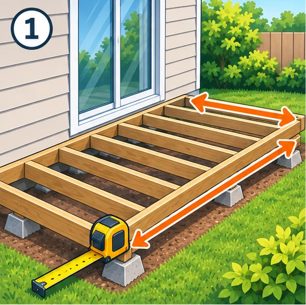 Measuring a deck frame of joists with a tape measure
