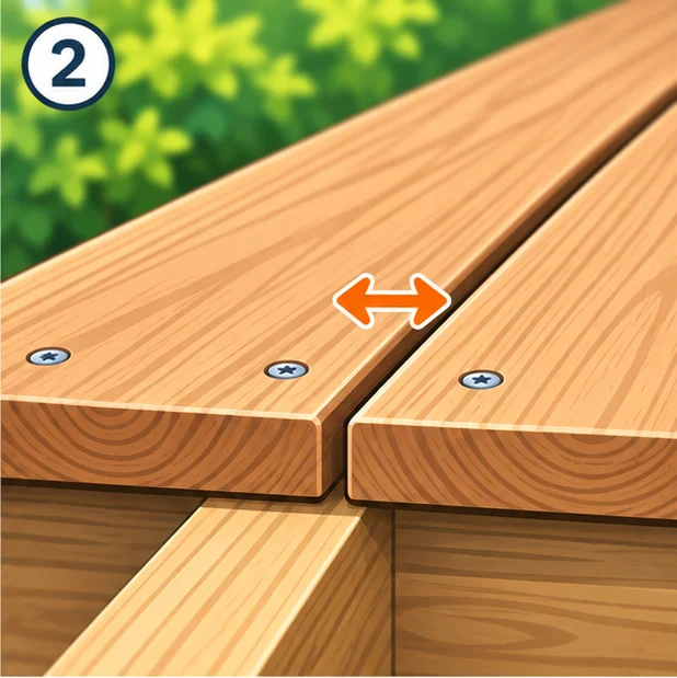Two deck boards on a joist with an even gap