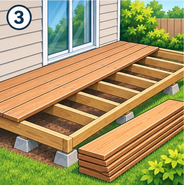 Deck boards being laid across the joists in rows
