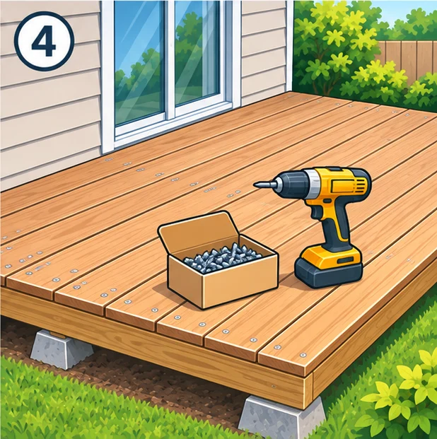 Finished deck with a box of deck screws and a drill