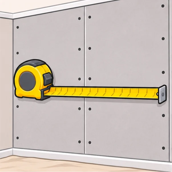 Tape measure along a hung drywall wall with visible seams