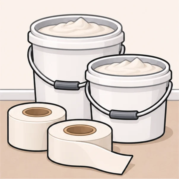 Pails of joint compound and rolls of paper tape on the floor