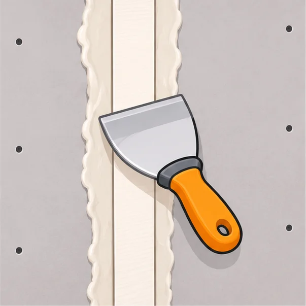Taping knife pressing paper tape into a bed of mud on a seam