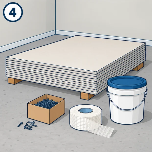 Stack of drywall sheets with screws and joint tape
