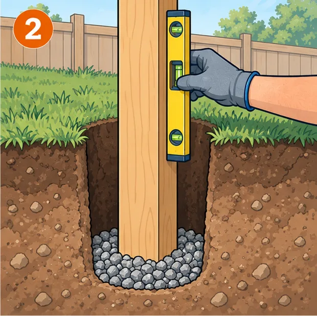 Wooden post standing on a gravel layer in the hole, checked for plumb with a spirit level