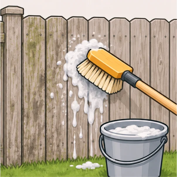 Stiff brush and bucket cleaning weathered fence boards