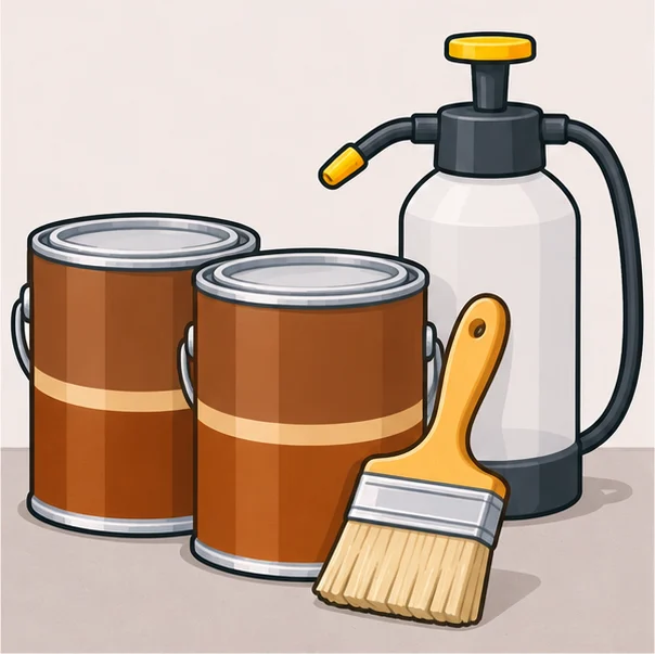 Gallon cans of stain with a brush and a pump sprayer