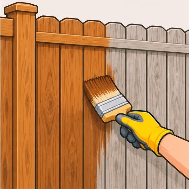 Brush applying brown stain to fence boards