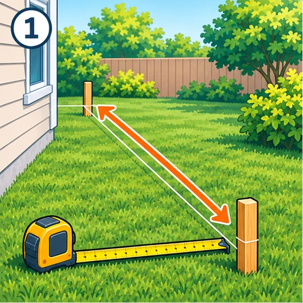 Measuring a fence line with stakes, string and a tape measure