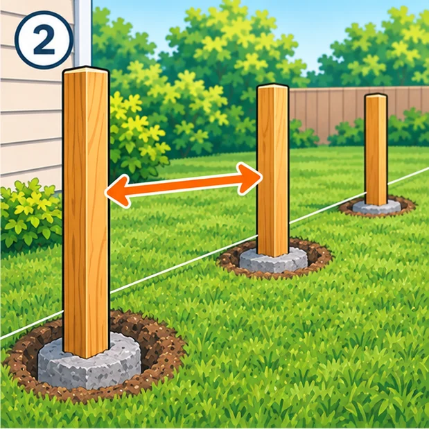 Fence posts spaced evenly with dimension arrows between them
