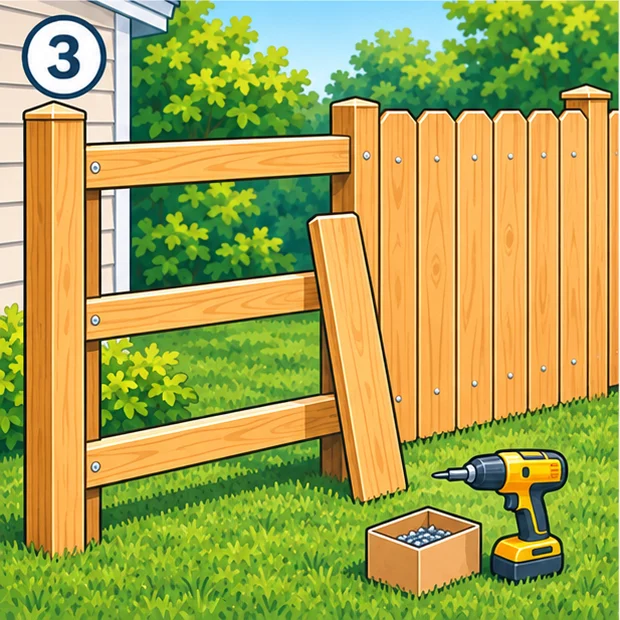 Rails fixed between posts with pickets being attached