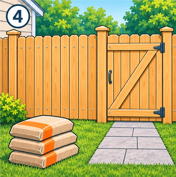 Finished wood fence with a gate and bags of concrete