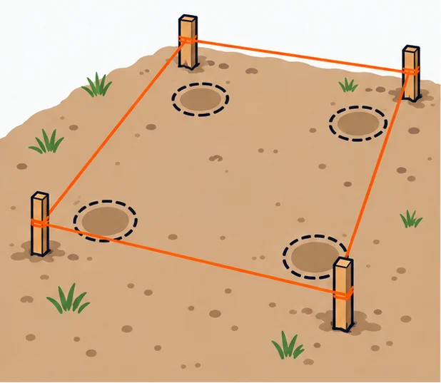 Deck layout with string lines and stakes marking footing locations