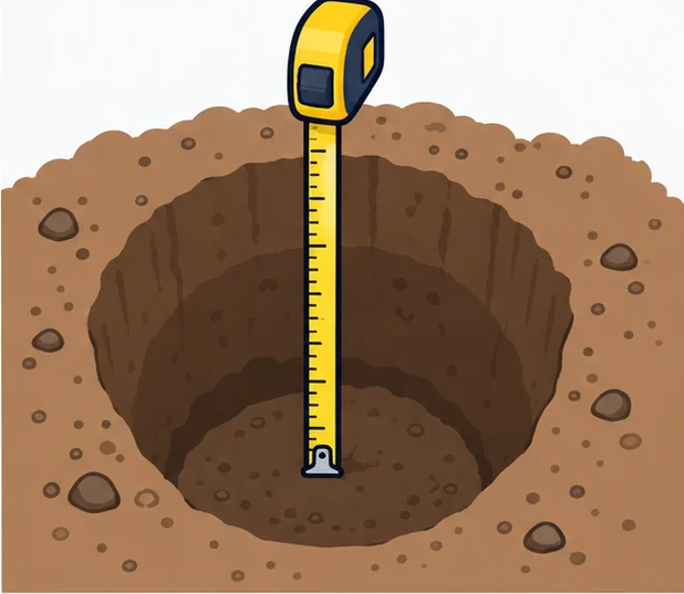 Post hole dug in the ground with a measuring tape showing depth