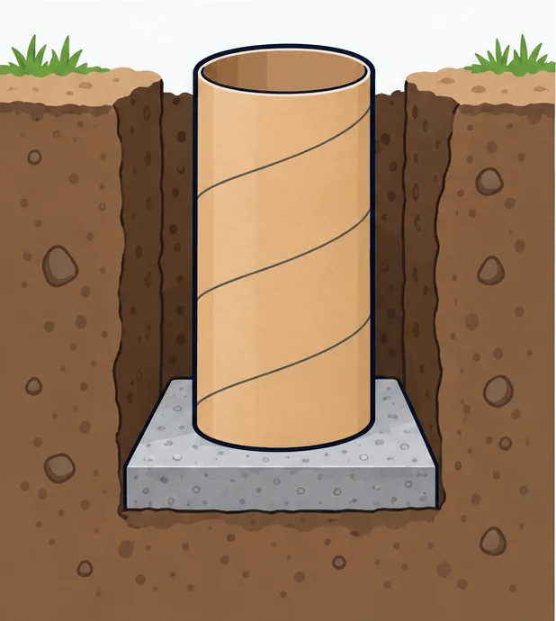 Cardboard form tube standing in a hole on a square concrete pad