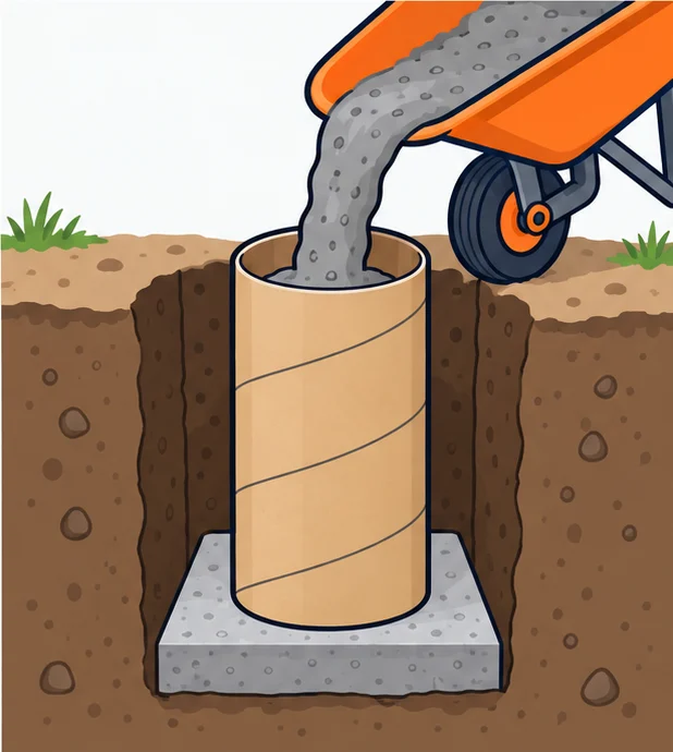 Concrete being poured into a round form tube from a wheelbarrow