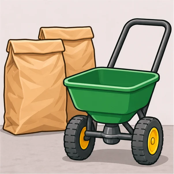 Bags of grass seed and a broadcast spreader