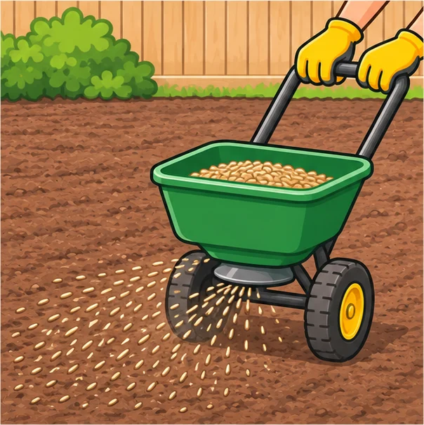 Broadcast spreader sowing seed on bare soil