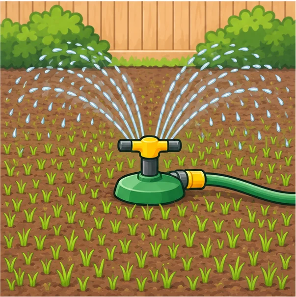 Sprinkler watering a newly seeded lawn with green sprouts