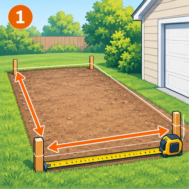 Measuring a rectangular area of ground with a tape measure and stakes