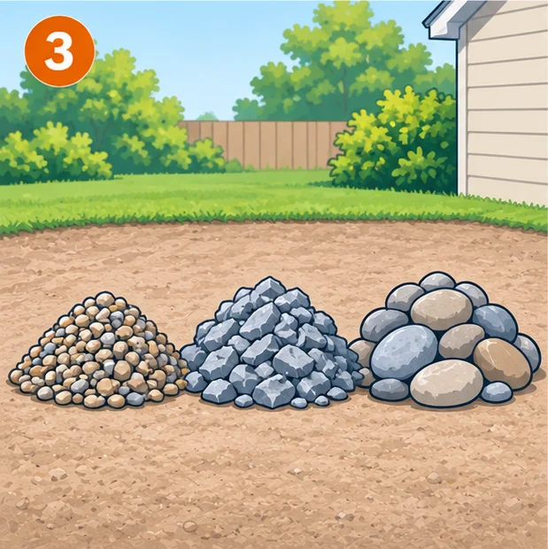 Stones of different sizes: pea gravel, crushed stone and river rock