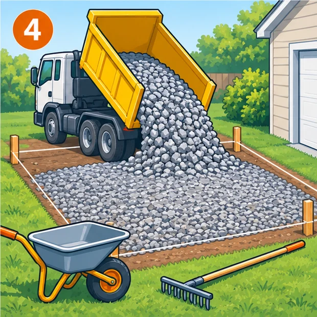 Dump truck unloading gravel next to a wheelbarrow and rake