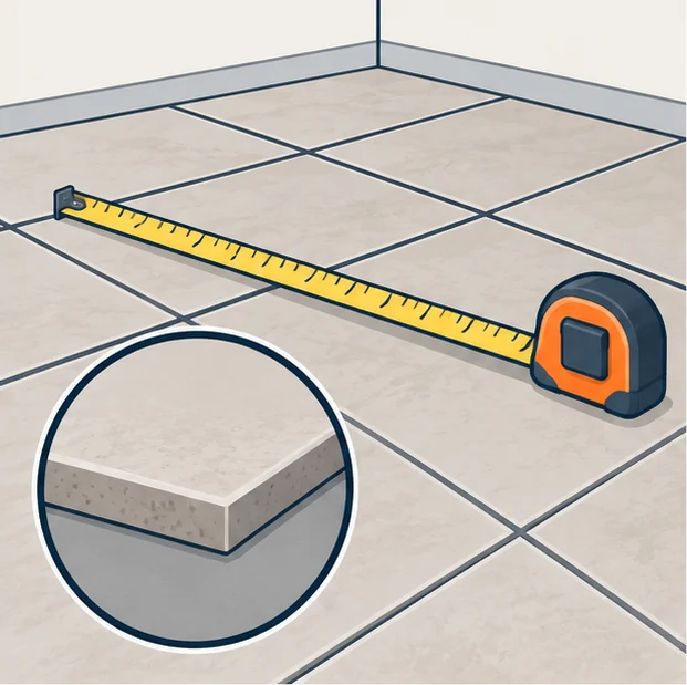 Tape measure across a tiled floor and a tile edge showing its thickness