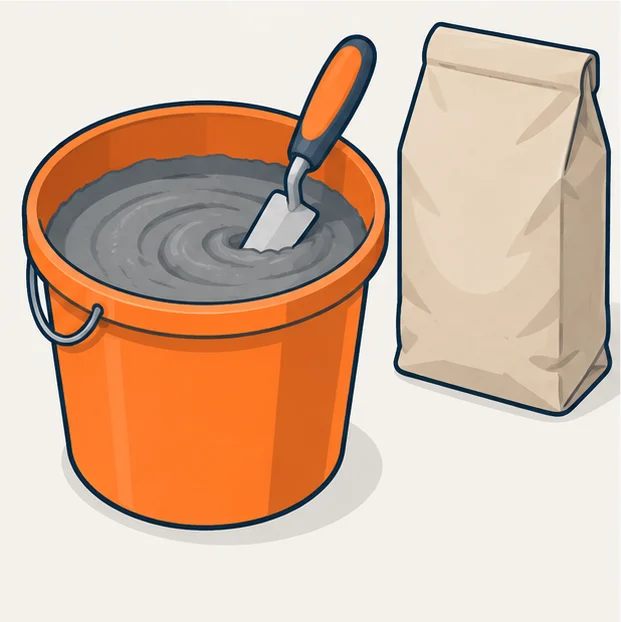Bucket of mixed grout with a margin trowel and a grout bag