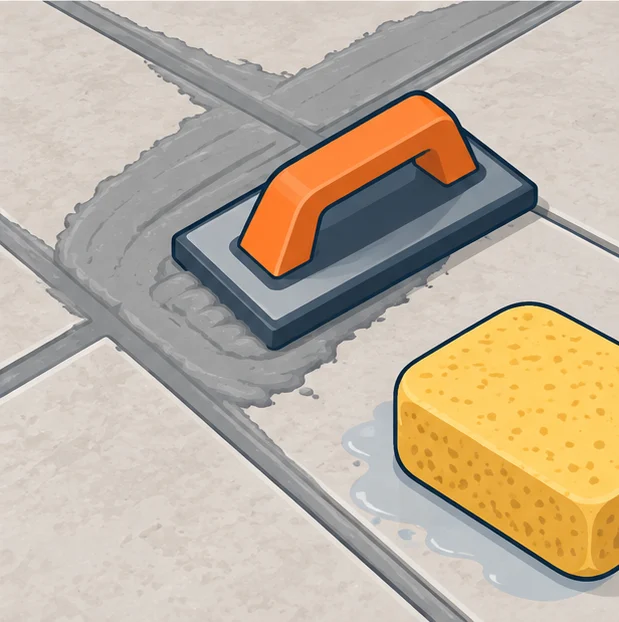 Rubber grout float spreading grout across tile joints