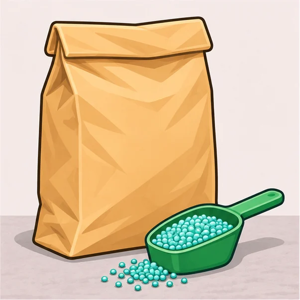 Bag of lawn fertilizer next to a scoop of granules