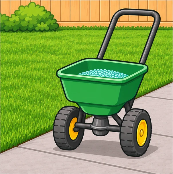 Broadcast spreader on a driveway next to the lawn