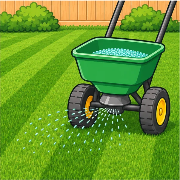 Broadcast spreader spreading fertilizer in overlapping passes